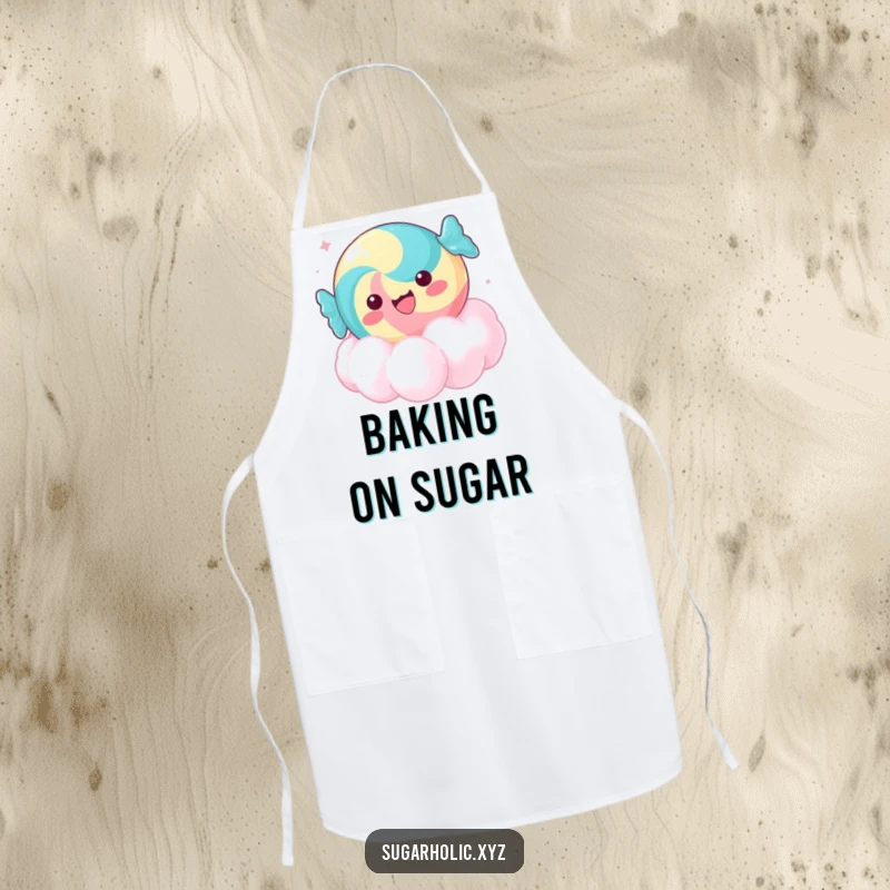 Funny delighted candy apron, floating on a sugar cloud, ideal for humorous kitchen wear and as a gift.