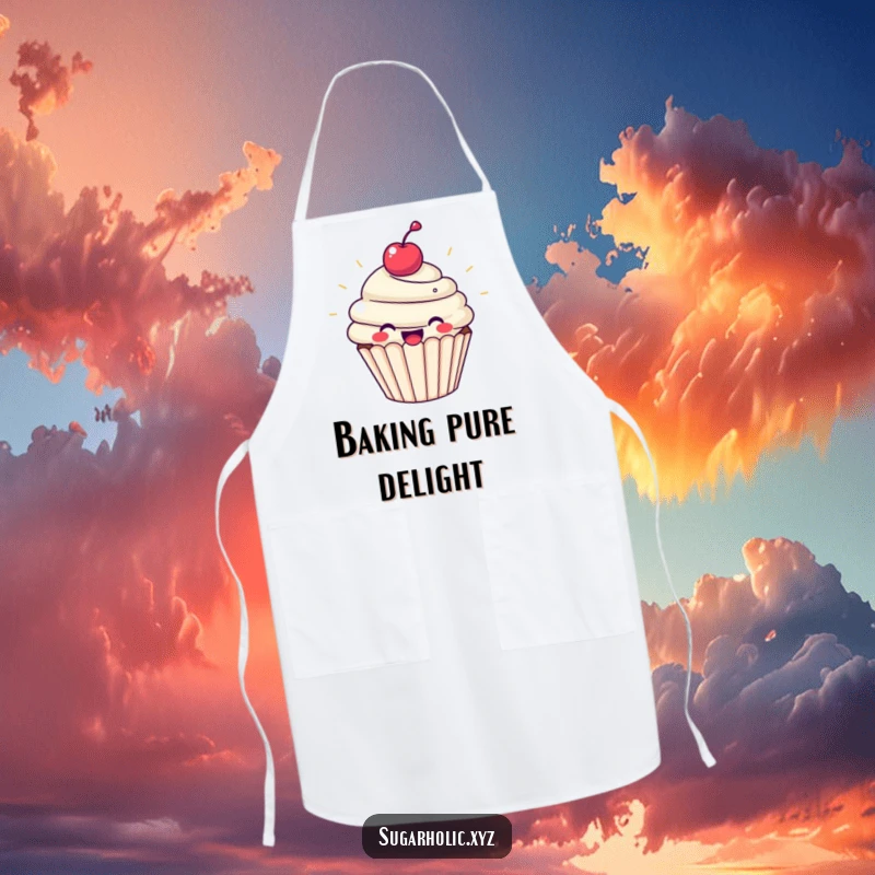 Funny cupcake apron showing a beaming cupcake with a cherry, radiating pure joy. Ideal for baking and kitchen activities.