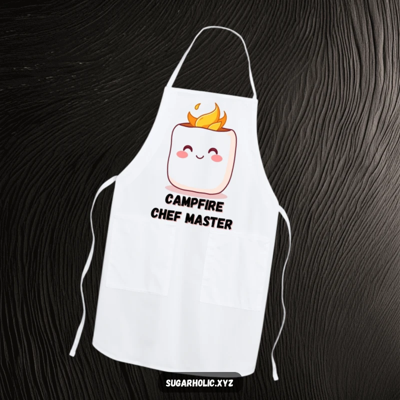 Funny Apron: Features a cheerful marshmallow with a rosy blush being toasted, perfect for adding warmth to kitchen activities.