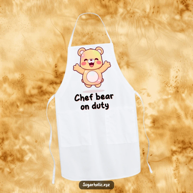 Funny gummy bear apron showing a delighted character mid-celebratory jump, a humorous and cheerful addition to kitchen wear.