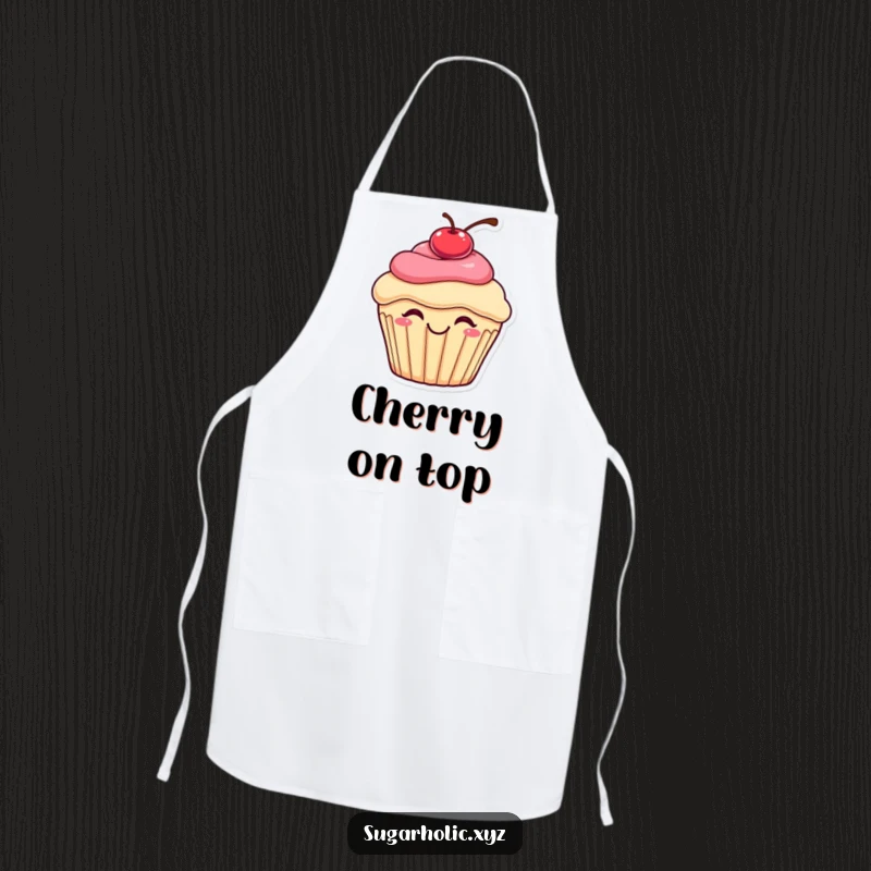 Funny bouncing cupcake apron showing a happy cupcake with a cherry on top, joyfully bouncing while protecting kitchen attire, a sweet cooking accessory.