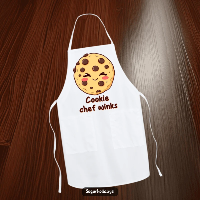 Funny winking cookie apron showing a delighted chocolate chip cookie giving a mischievous wink while protecting kitchen attire, a fun baking accessory.