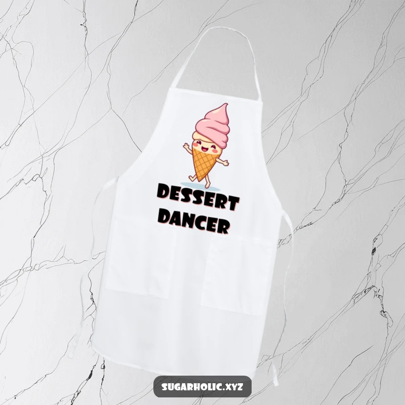 Funny ice cream cone doing a happy little jig, featured on a humorous kitchen apron for sweet-themed fun.
