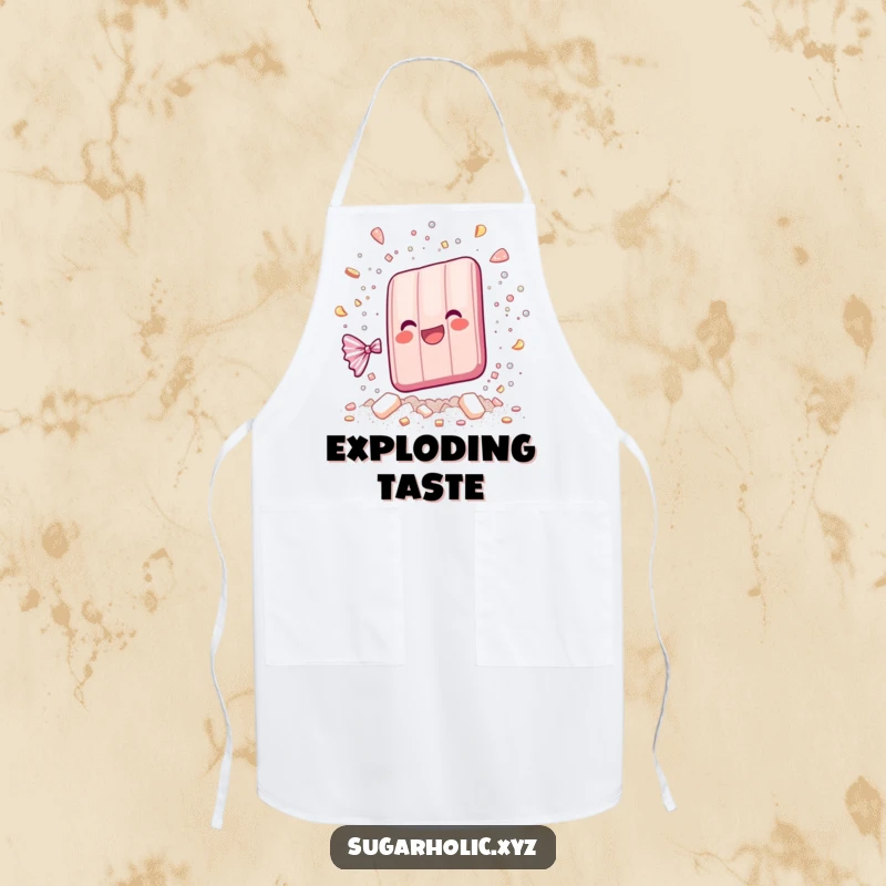 Funny whimsical candy bar shattering into sparkling sugar particles on an apron, a humorous and practical kitchen accessory.