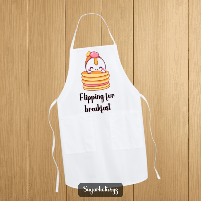 Funny apron featuring a candy character peeking from pancakes, adding kitchen humor.