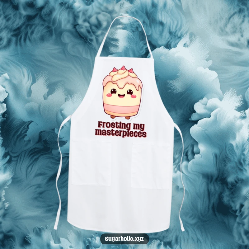 Funny Apron: Plump cake character with a delighted expression and frosting drips, perfect for bakers.