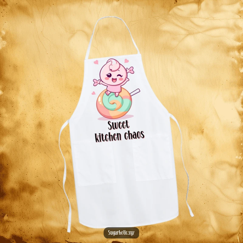 Funny Apron: Cheerful candy character bounces on a giant lollipop, keeping you clean with a splash of sweet fun.