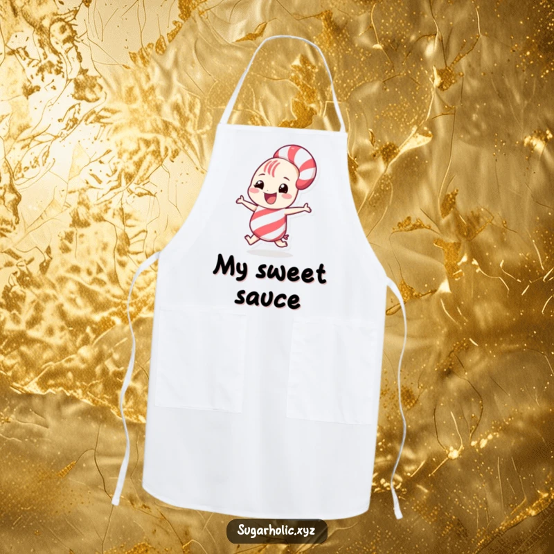 Funny grinning candy cane character doing a playful spin on a practical apron, ideal for festive kitchen fun.