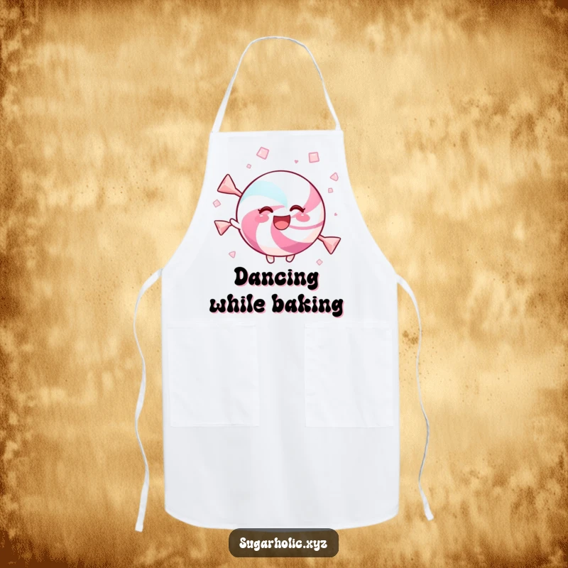 Funny apron featuring a delighted candy twirling in sweet crystals, ideal for bakers and chefs.