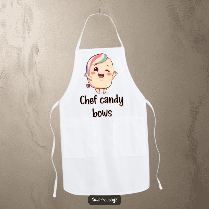 Funny candy apron showing a smiling candy character doing a flamboyant curtsy. Ideal for baking and kitchen activities with flair.