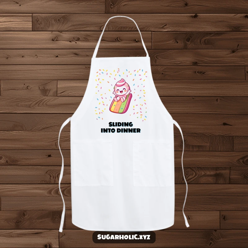 Funny Apron: Candy character gleefully slides down a rainbow sprinkle slide, keeping you clean with adventurous style.
