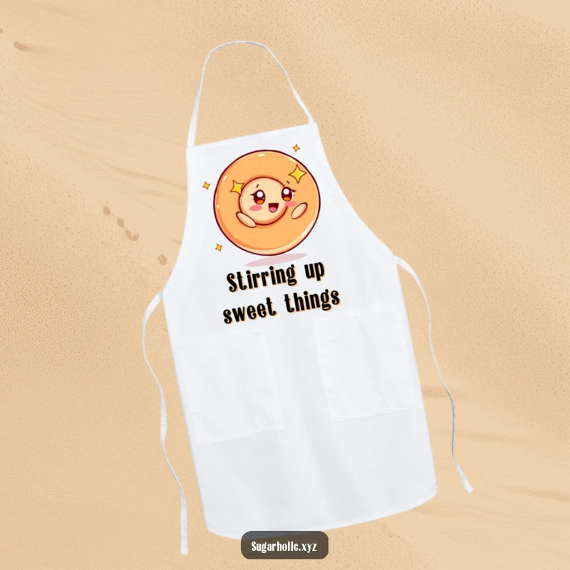 Funny apron featuring a happy caramel swirl character spinning with starry eyes, ready to add joy to cooking tasks.