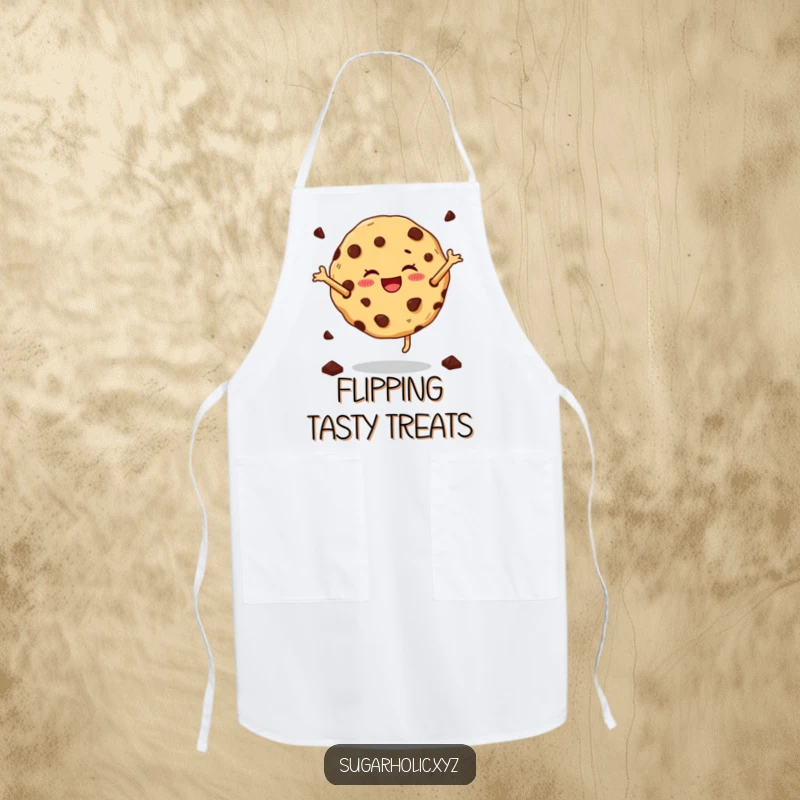 Funny cartwheeling cookie apron showing a joyful cookie with chocolate chips performing a cartwheel, perfect for adding kitchen humor.
