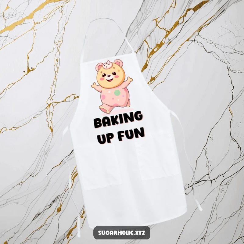 Funny cookie with frosting smile bouncing on a giant gummy bear on an apron, a humorous and practical kitchen accessory.
