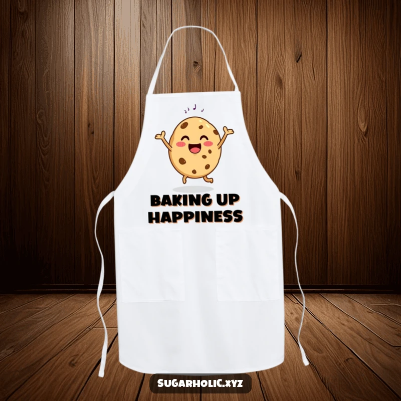 Funny apron with a happy cookie doing a delighted dance with a sugar sprinkle, perfect for bakers.