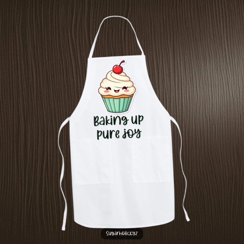 Funny apron with a cheerful cupcake and a cherry, happily cheering.