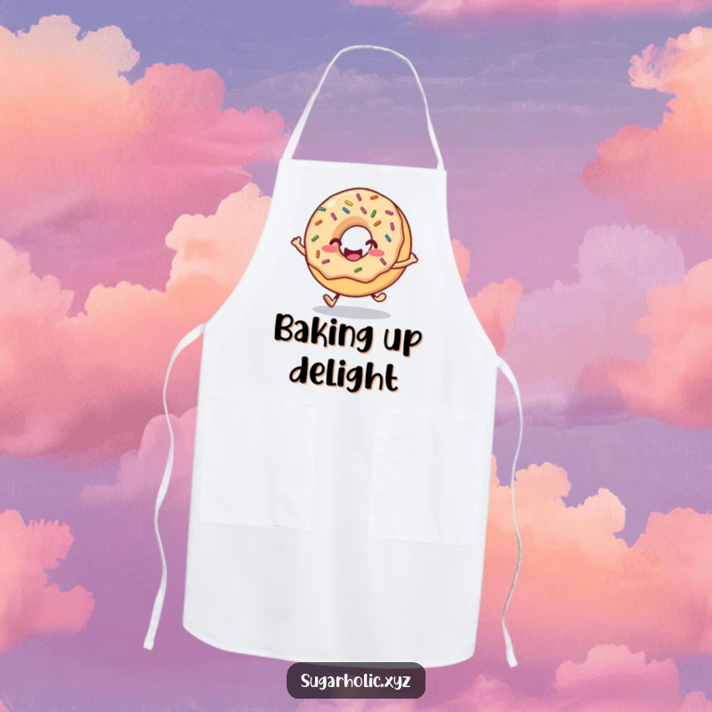 Funny donut apron showing a smiling face and sprinkles mid-hop, a humorous and sweet addition to kitchen wear.