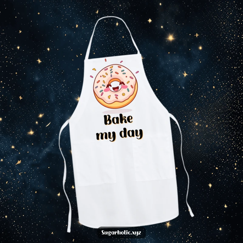 Funny doughnut apron with sprinkles, bouncing with pure sugary joy, perfect for baking, cheerful kitchen wear, funny gift.