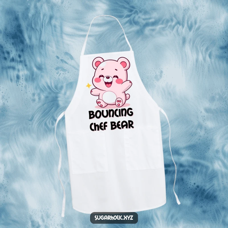 Funny apron with a grinning gummy bear in an energetic bounce, ideal for cooks who enjoy adding fun and energy to tasks.