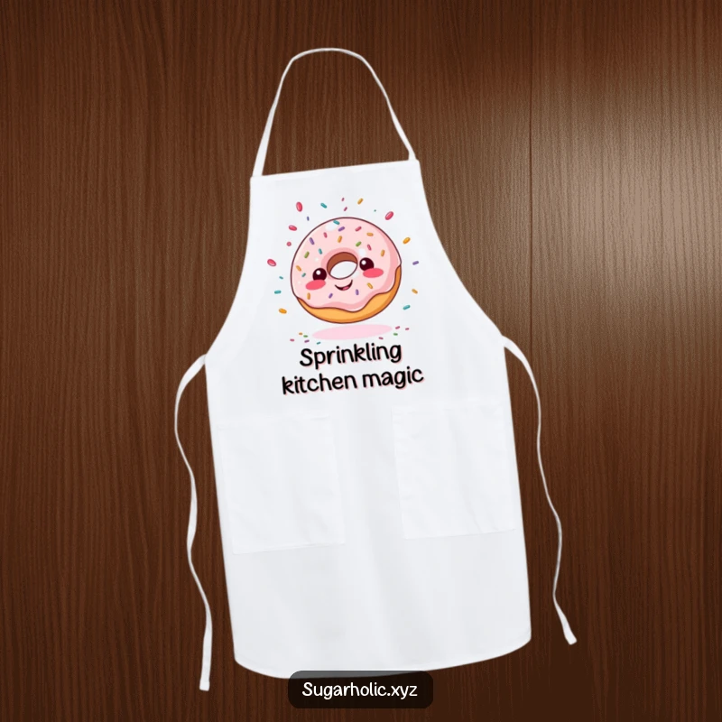 Funny giddy doughnut apron, with sprinkles flying everywhere, ideal for humorous kitchen wear and as a gift.