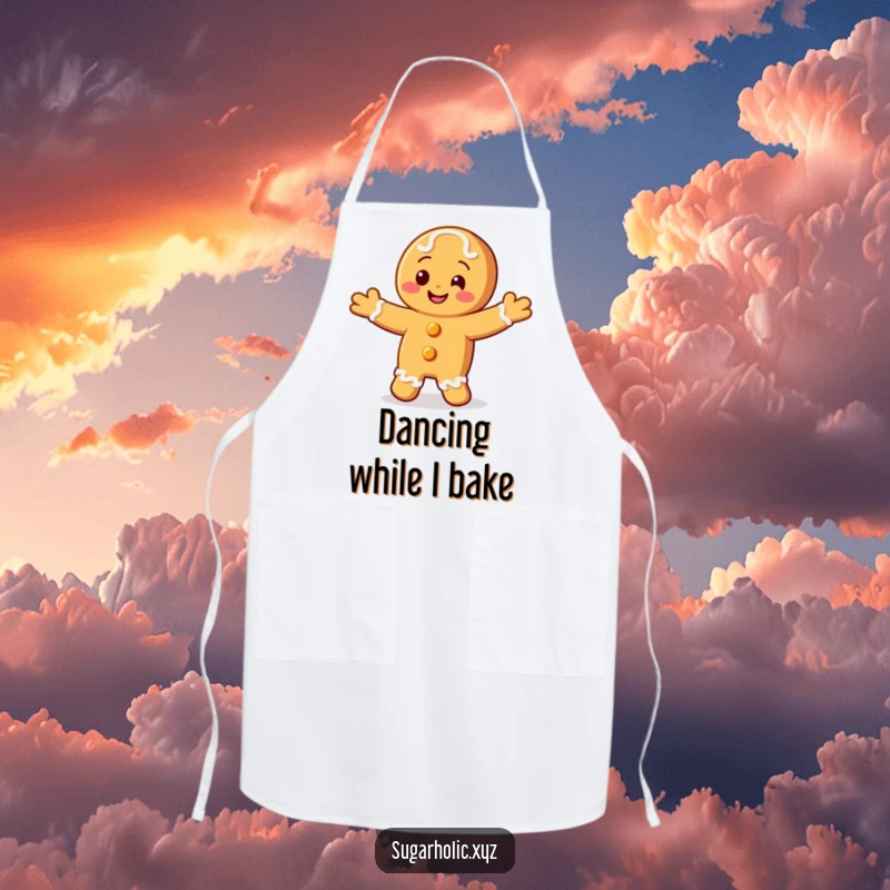 Funny apron with a smiling gingerbread cookie character happily doing a jig.
