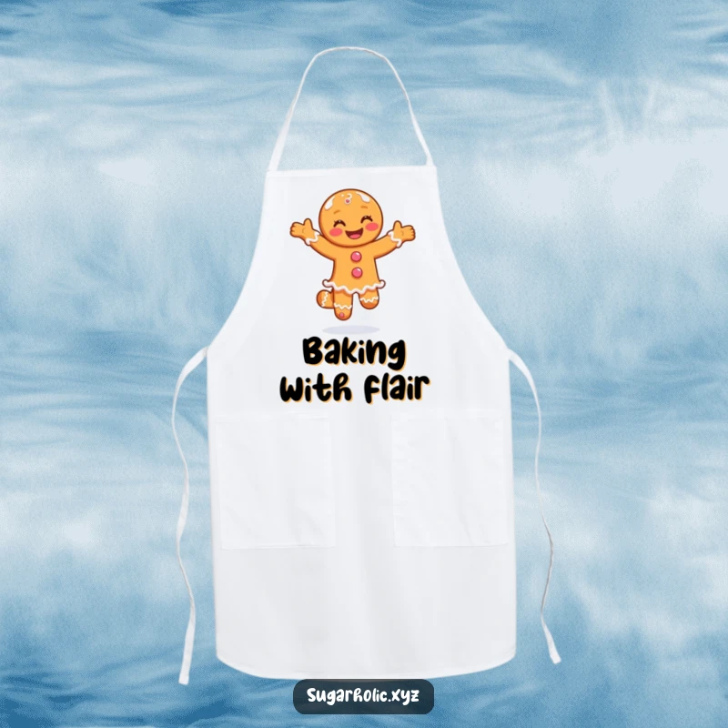 Funny apron with a smiling gingerbread man doing a joyful pirouette in sugar, perfect for holiday baking.