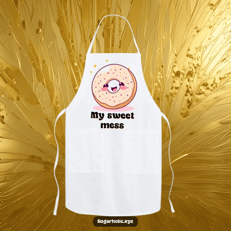 Funny sparkling donut character joyfully sprinkling glitter on a practical apron, ideal for kitchen baking fun.