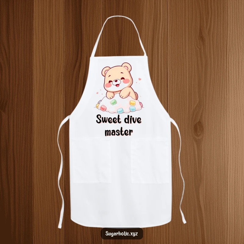 Funny apron with a blushing gummy bear happily diving into a pile of sugar, perfect for candy bakers.
