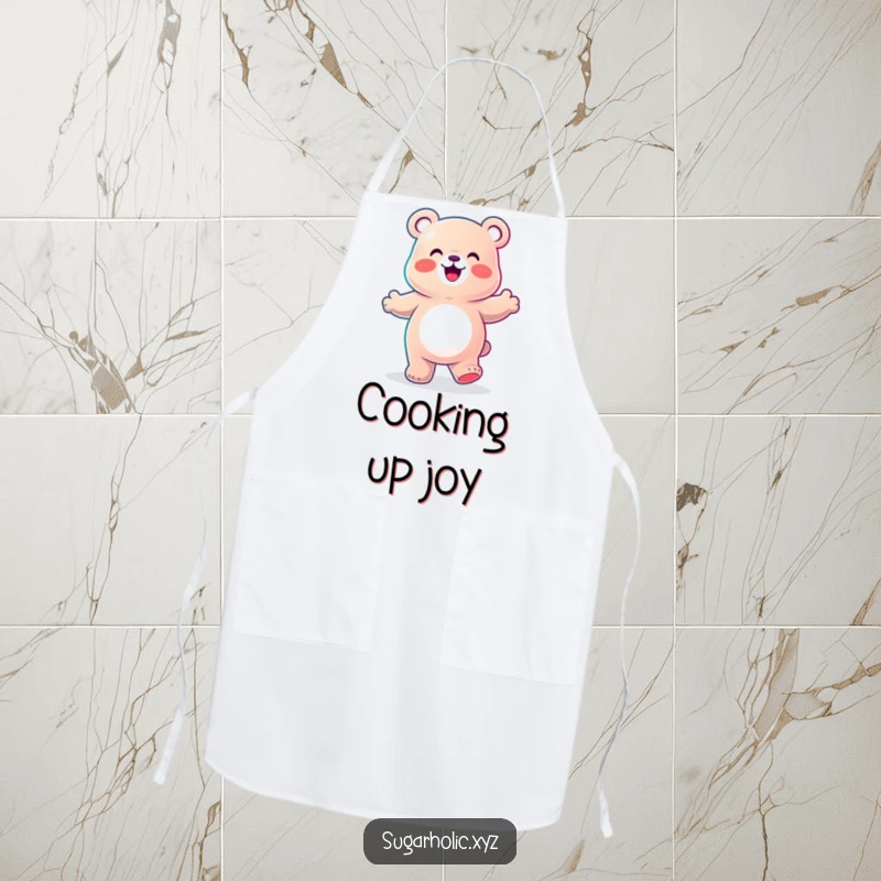 Funny Apron depicting a gummy bear character doing a happy dance, designed for chefs who love humor and lively kitchens.