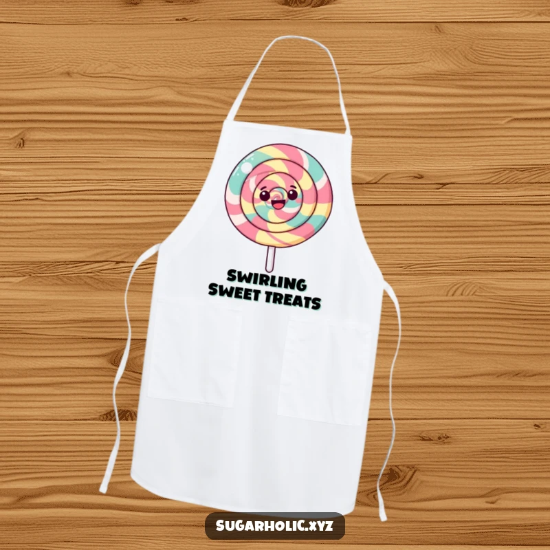 Funny apron with a happy, swirled lollipop spinning, ideal for bakers who enjoy adding sweetness and humor to their tasks.
