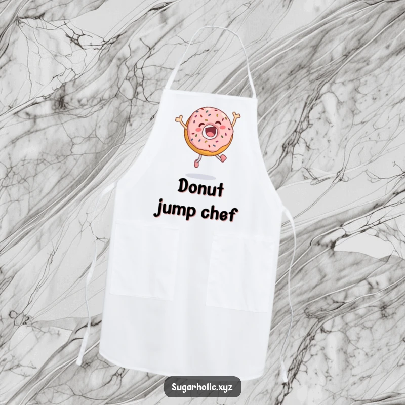 Funny jumping donut apron showing an ecstatic donut with sprinkles, joyfully leaping while protecting kitchen attire, a fun cooking accessory.
