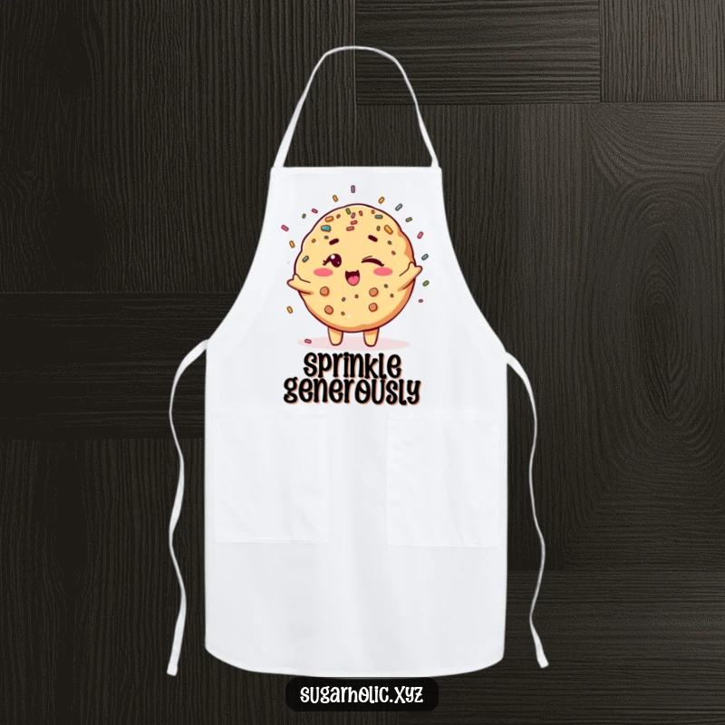 Funny winking cookie character showering sprinkles, a fun and practical apron for baking enthusiasts.