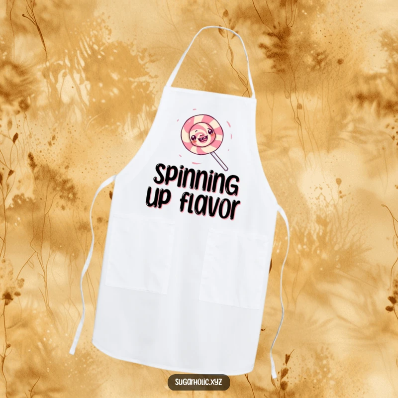 Funny apron with a gleeful lollipop character spinning energetically, creating a whirlwind of sugary delight, ideal for kitchen protection.