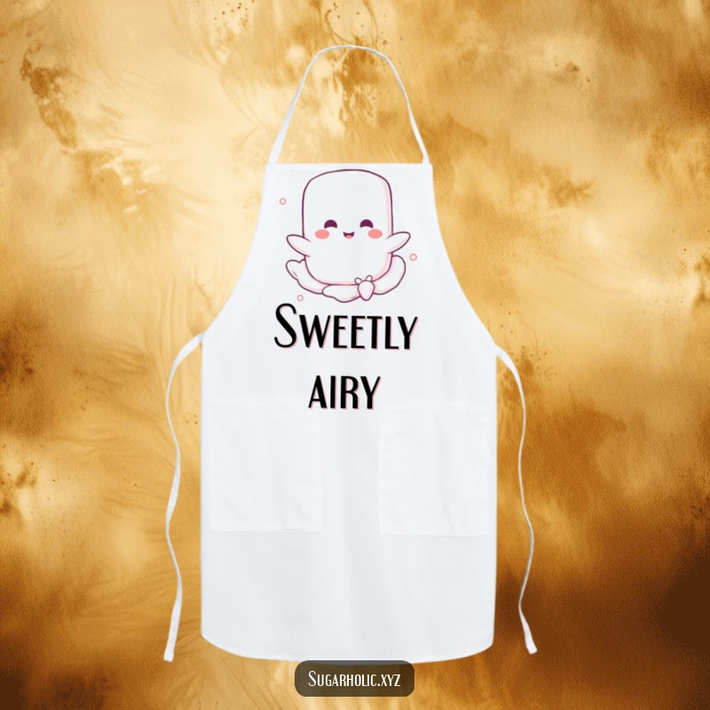 Funny apron adorned with a cheerful marshmallow character happily floating on a sugary breeze, making cooking and baking a sweet, delightful experience.