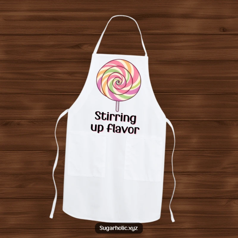 Funny lollipop apron with a swirling pattern, spinning with excitement, vibrant and energetic, perfect for cooking, funny gift.