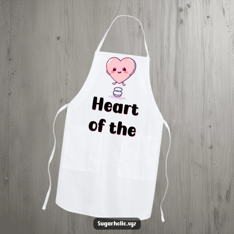 Funny Apron depicting a candy heart character playfully bouncing on a spring, designed for cooks who love humor and sweet creations.