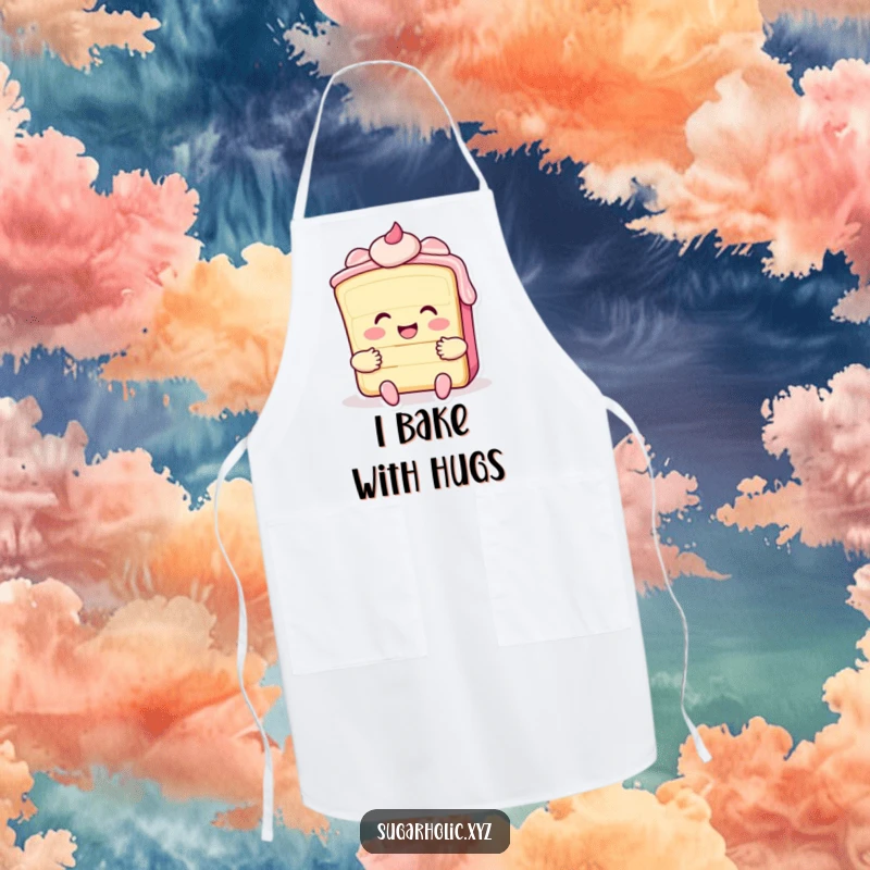 Funny apron depicting a smiling cake slice with frosting giving a big hug, ideal for sweet kitchen fun.