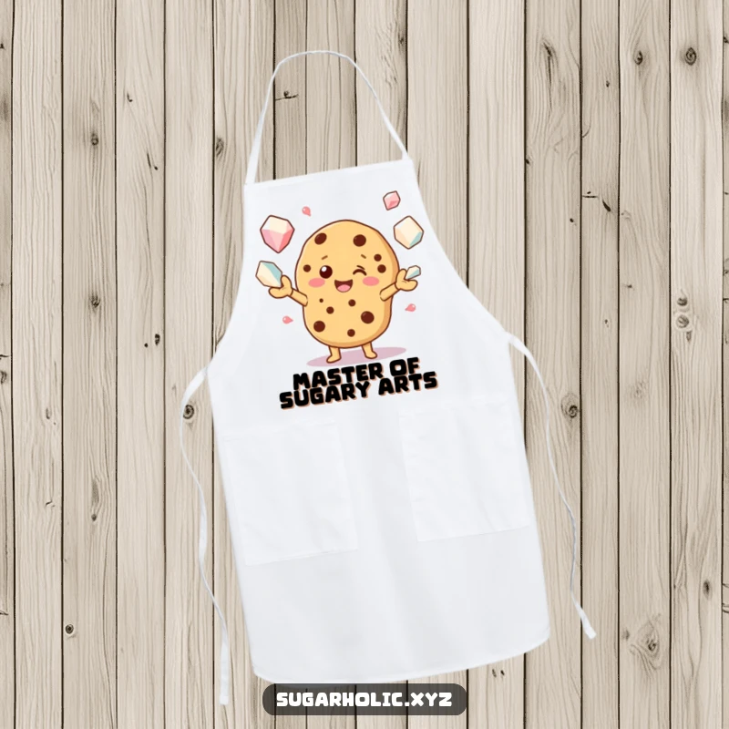 Funny apron showing a happy cookie character juggling sugar crystals, ideal for kitchen protection and culinary humor.