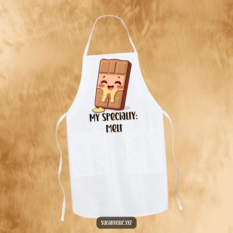 Funny melting chocolate bar apron, a character giggling while melting, ideal for humorous kitchen wear and gifts.