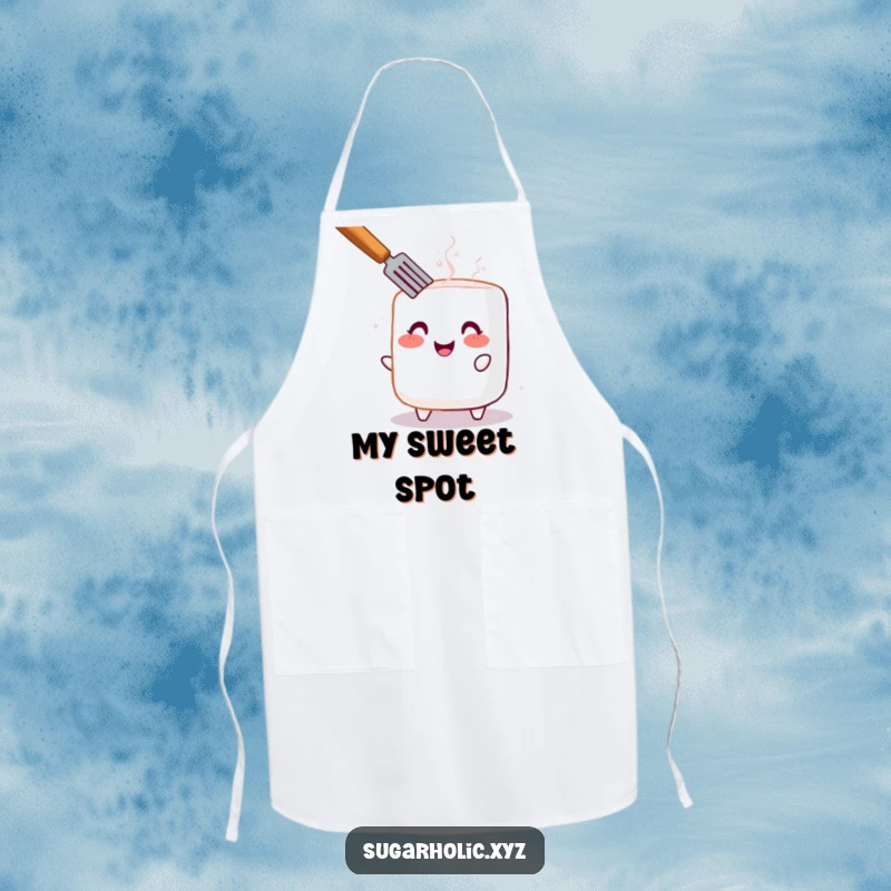Funny apron featuring a cheerful, blushing marshmallow being toasted, ideal for adding fun to cooking.
