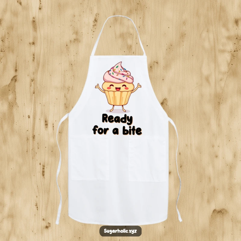 Funny Cupcake Apron: A happy, sprinkled cupcake bounces and offers a bite, making this apron functional and humorously sweet.