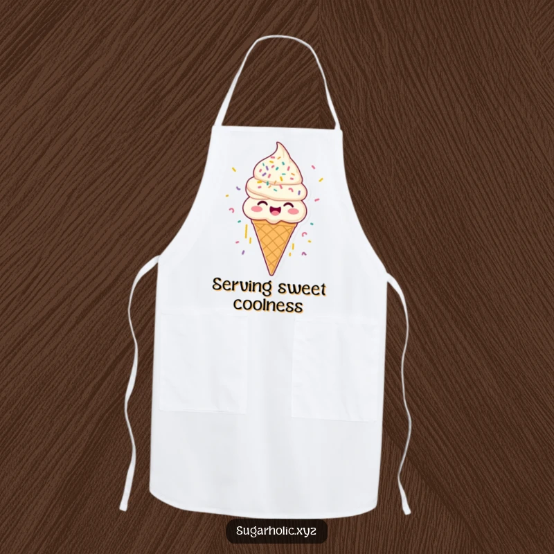 Funny joyous ice cream cone apron, with sprinkles raining down, ideal for humorous kitchen wear and as a gift.