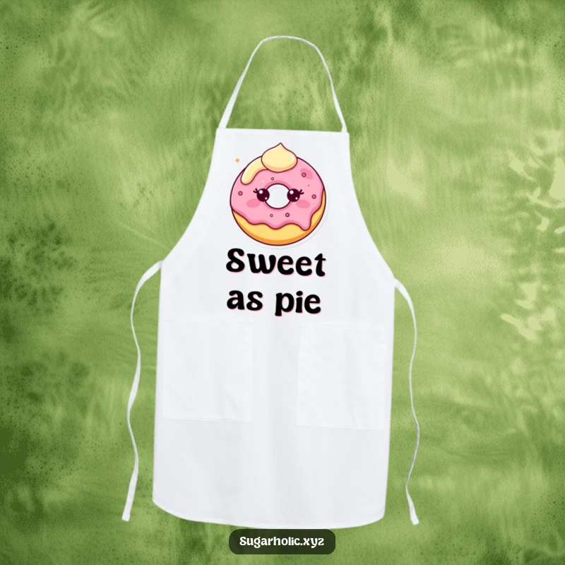 Funny Apron depicting a beaming donut character with slightly melting frosting, designed for bakers who love humor and delicious creations.