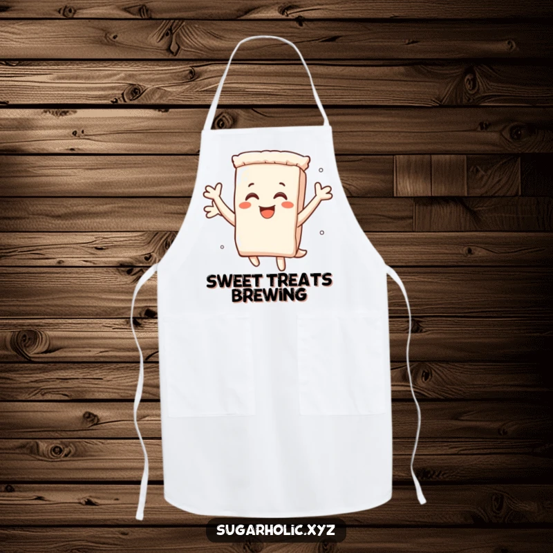 Funny apron with a smiling sugar packet character leaping with pure delight, perfect for a sweet cooking experience.