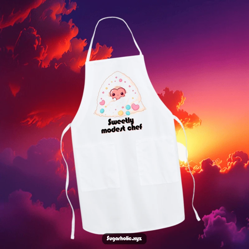 Funny apron with a shy candy heart character peeking out from behind a large sugar pile, ideal for kitchen protection.