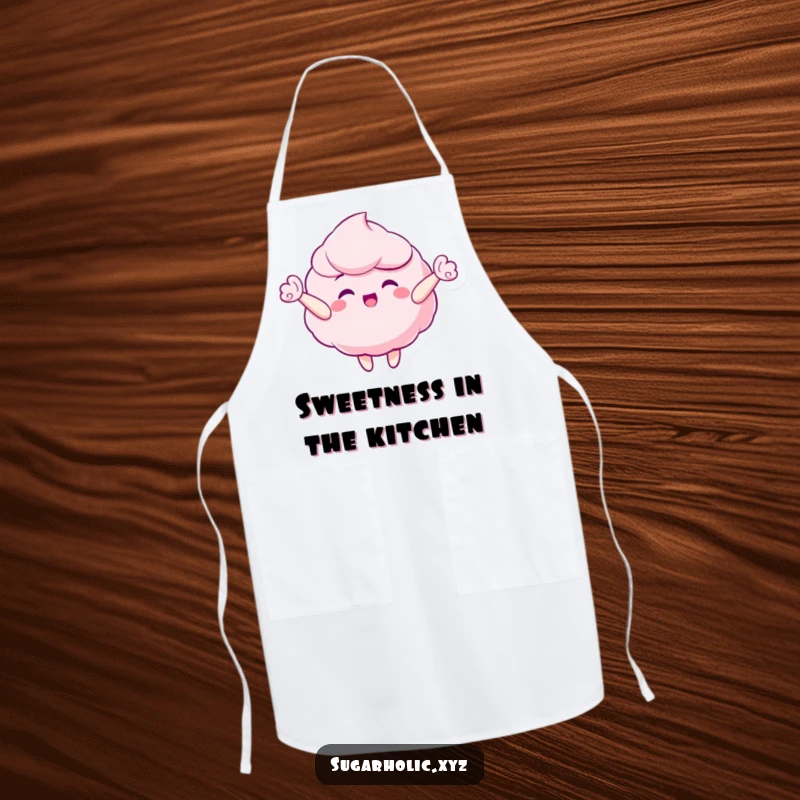 Funny apron featuring a gleeful candy floss character happily floating upwards, ideal for sweet kitchen adventures.
