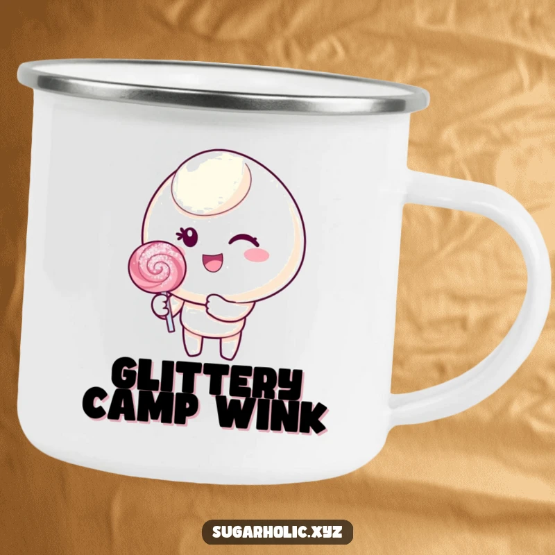 Funny camping mug with a candy character winking and holding a lollipop, ideal for adventurous souls.