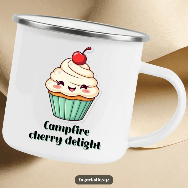 Funny camping mug with a cheerful cupcake and cherry, joyfully cheering.