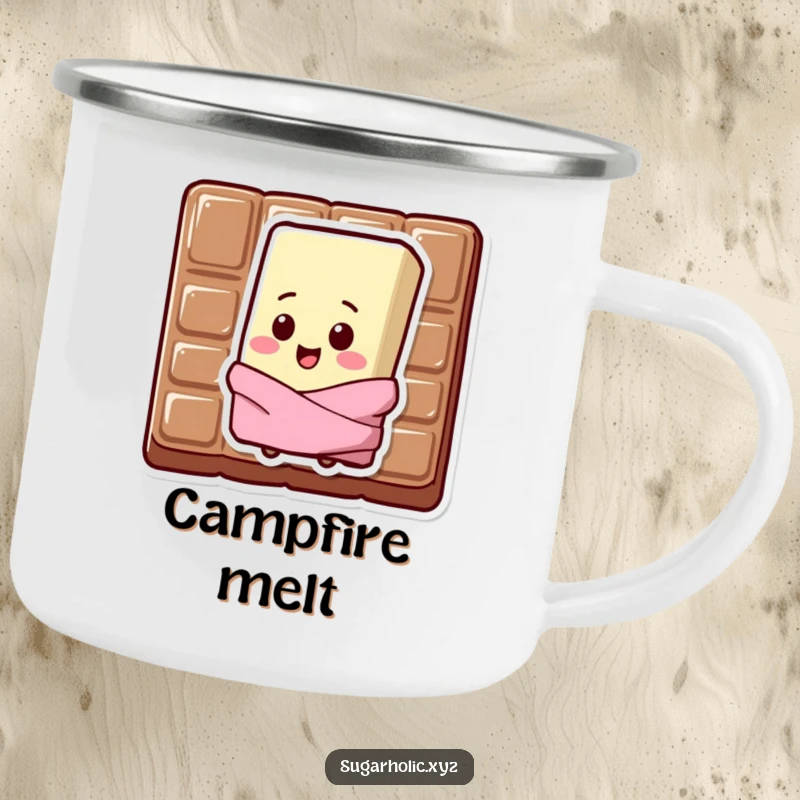 Funny Camping Mug featuring a sweating chocolate bar character with a happy chip on its shoulder.