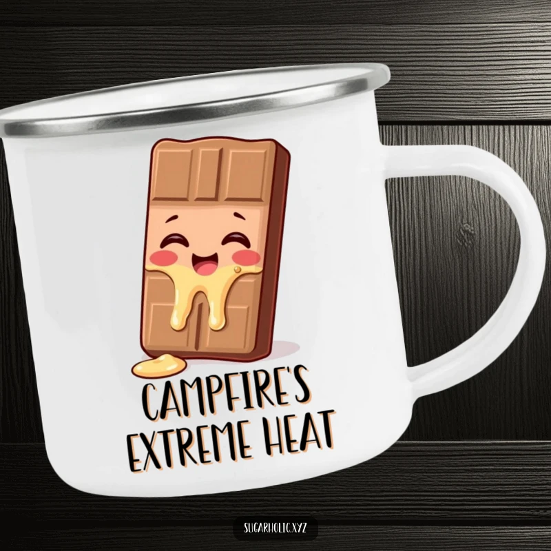 Funny melting chocolate bar camping mug, a character giggling and melting, perfect for humorous outdoor beverages and gifts.